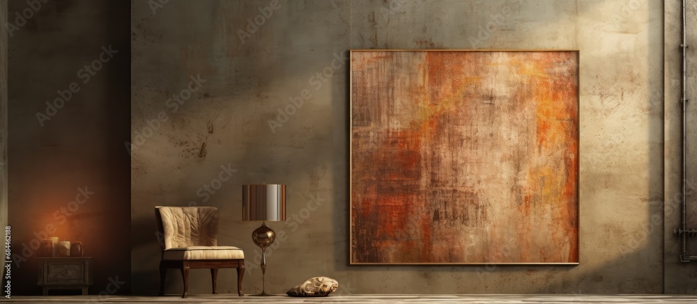 In the corner of the room, an abstract painting hung on the textured wall, its vintage design adorned with layers of paint, reminiscent of an old letter on aged parchment, evoking a sense of ancient In the corner of the room, an abstract painting hung on the textured wall, its vintage design adorned with layers of paint, reminiscent of an old letter on aged parchment, evoking a sense of ancient