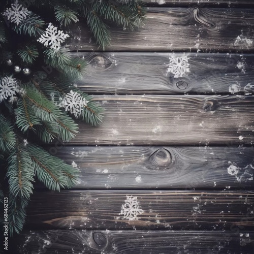 Vintage wood texture with snow and Christmas tree Christmas background, AI generator