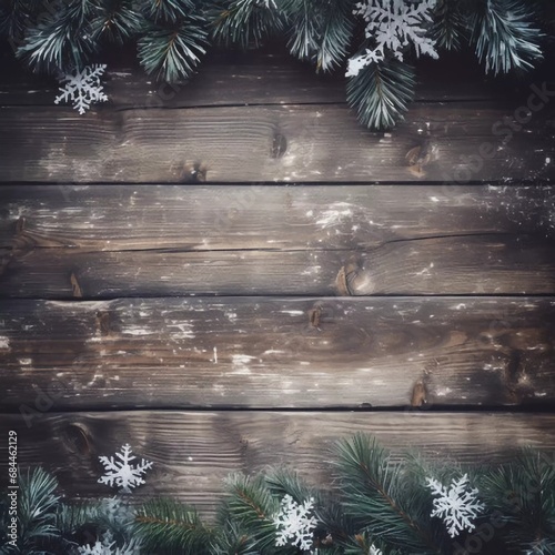 Vintage wood texture with snow and Christmas tree Christmas background, AI generator