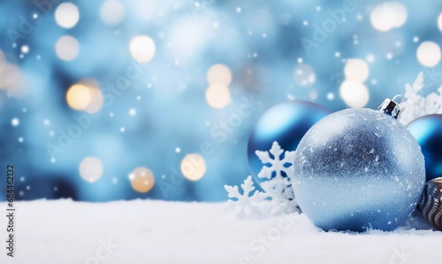 Blue Christmas; Festive background with Christmas decoration on snow, AI generator