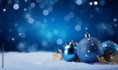 Blue Christmas; Festive background with Christmas decoration on snow, AI generator