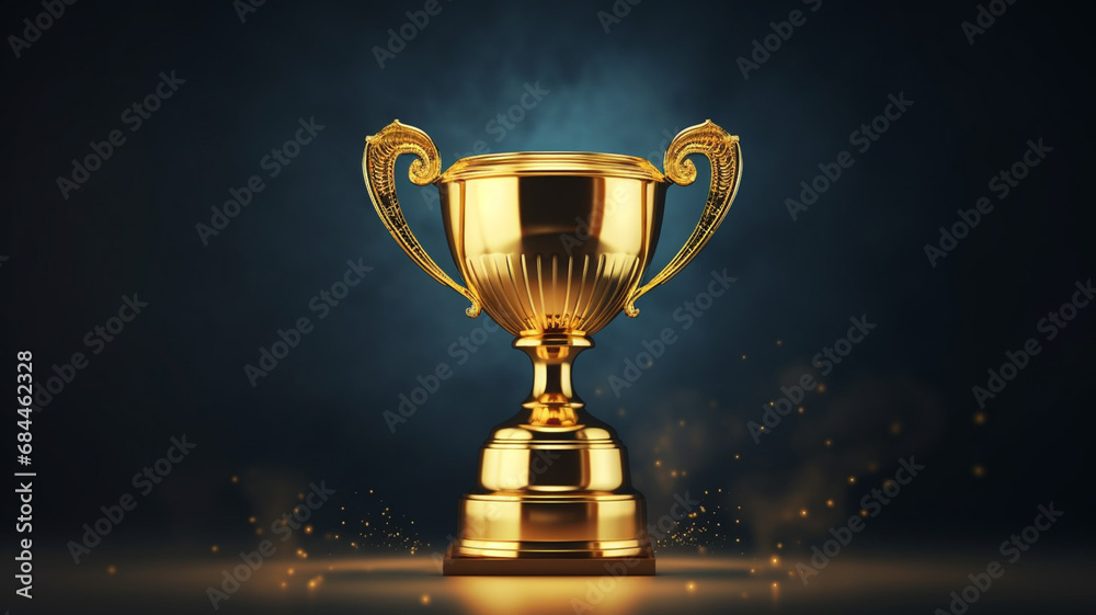 Golden trophy award on beautiful dark background