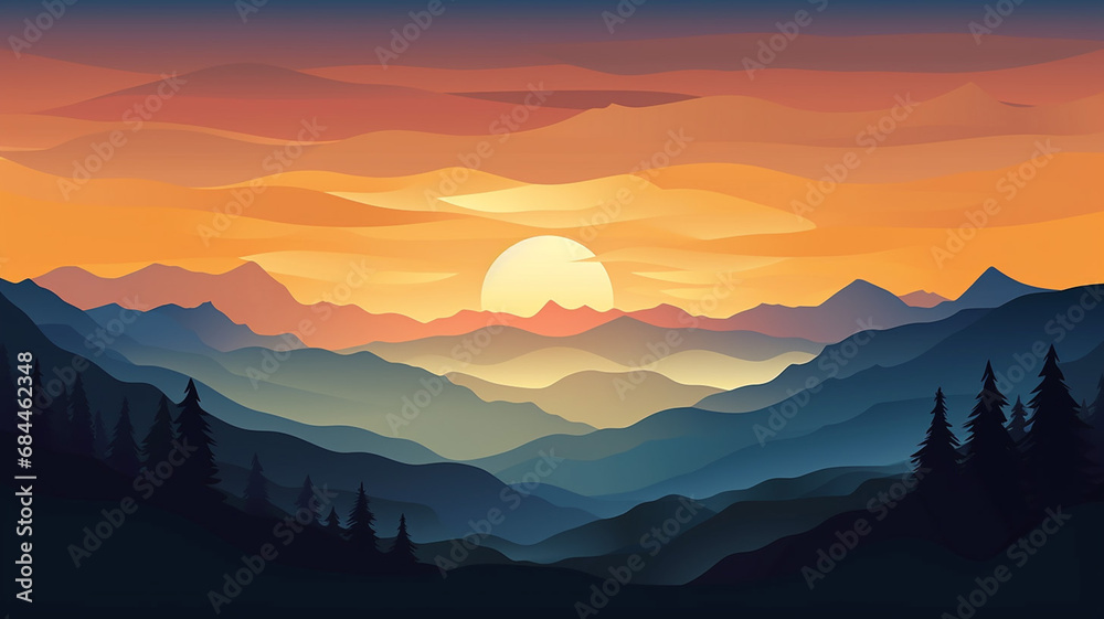 Landscape with mountains and sun on beautiful sunset