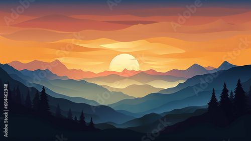 Landscape with mountains and sun on beautiful sunset