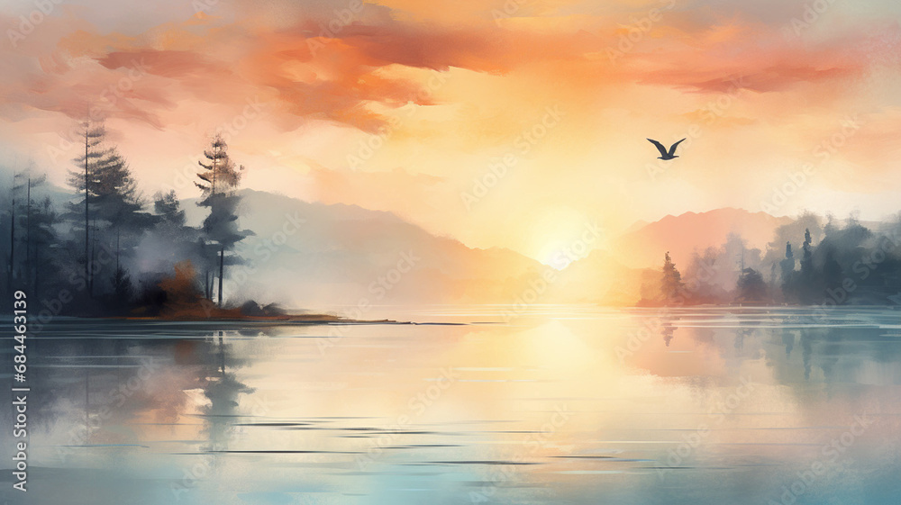 Digital watercolor painting of beautiful sunset on lake panorama - obrazy, fototapety, plakaty 