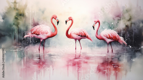 Flamingos watercolor painting