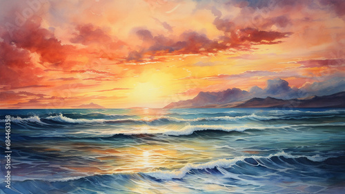 Sunset seascape colorful watercolor painted with beautiful sky o © BornHappy