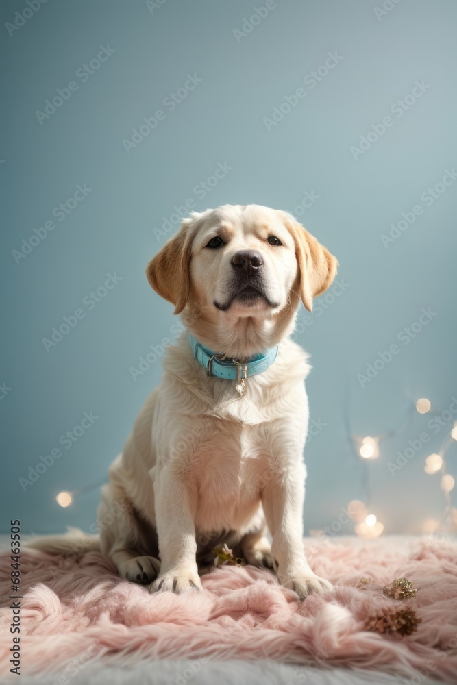 A beautiful white labrador puppy sits on a blue background with garlands.