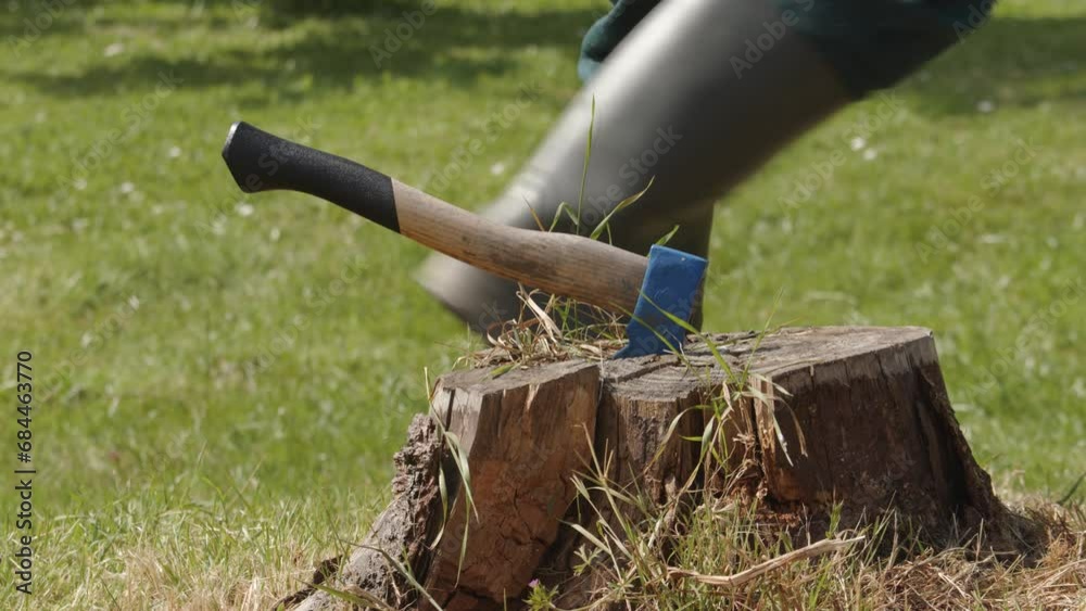 Person passes by and hits the ax on tree stump. Static, shallow focus Person passes by and hits the ax on tree stump. Static, shallow focus