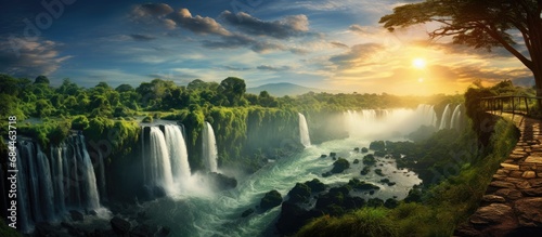 In the heart of Africa, a traveler embarked on a journey to a beautiful tropical park, where the lush green landscape was adorned with the splendor of waterfalls, creating a natural and magical photo