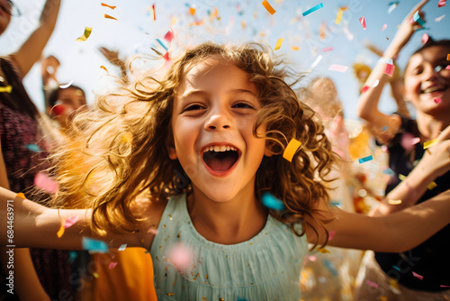 Girl Celebrates Amidst Confetti in Outdoor Spectacle