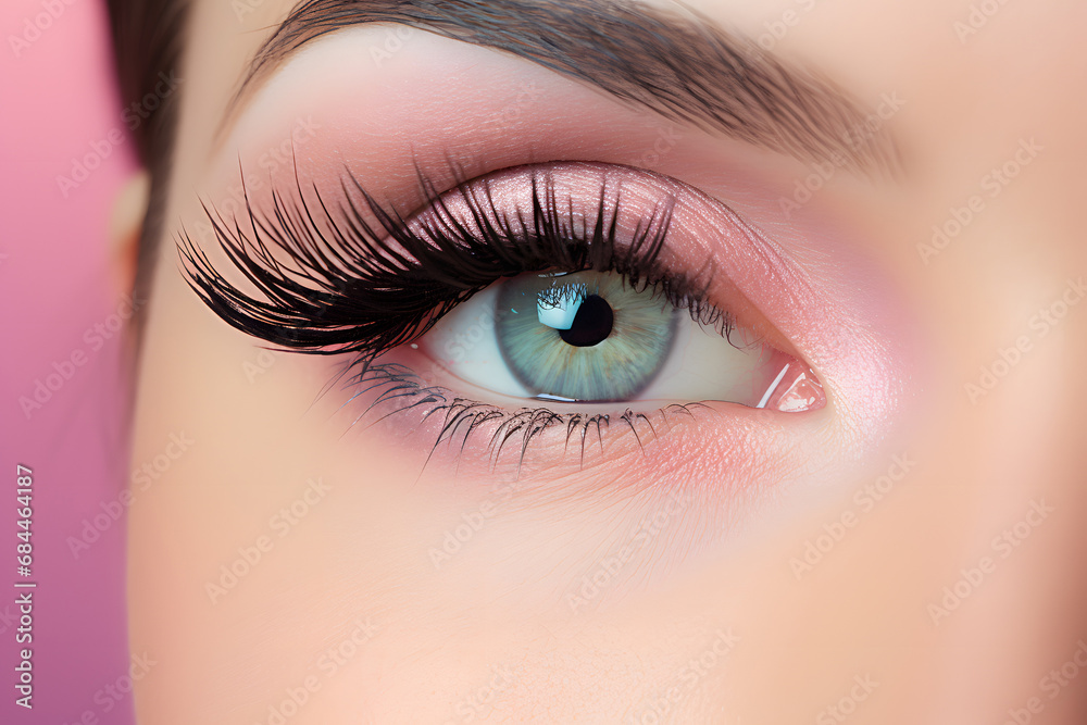 Close up of woman's eye makeup with light pink eye shadow and long dark fake eye lashes Close up of woman's eye makeup with light pink eye shadow and long dark fake eye lashes