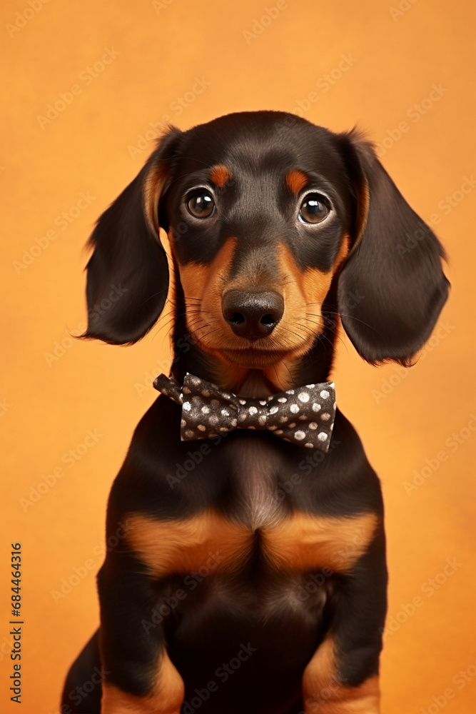 Cute Dachshund dog with bowtie on orange background.