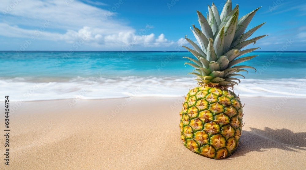A pineapple on a sandy beach with the ocean in the background. A pineapple on a sandy beach with the ocean in the background.