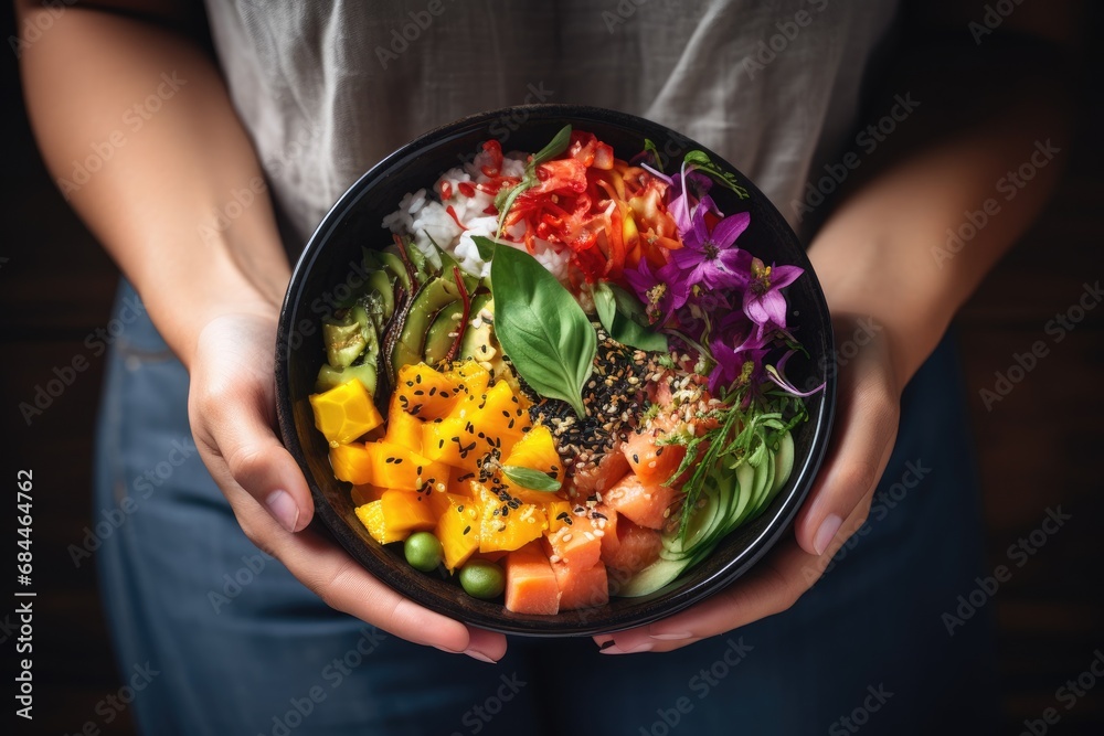 Colorful healthy natural organic vegetarian Hawaiian poke bowl - obrazy, fototapety, plakaty 