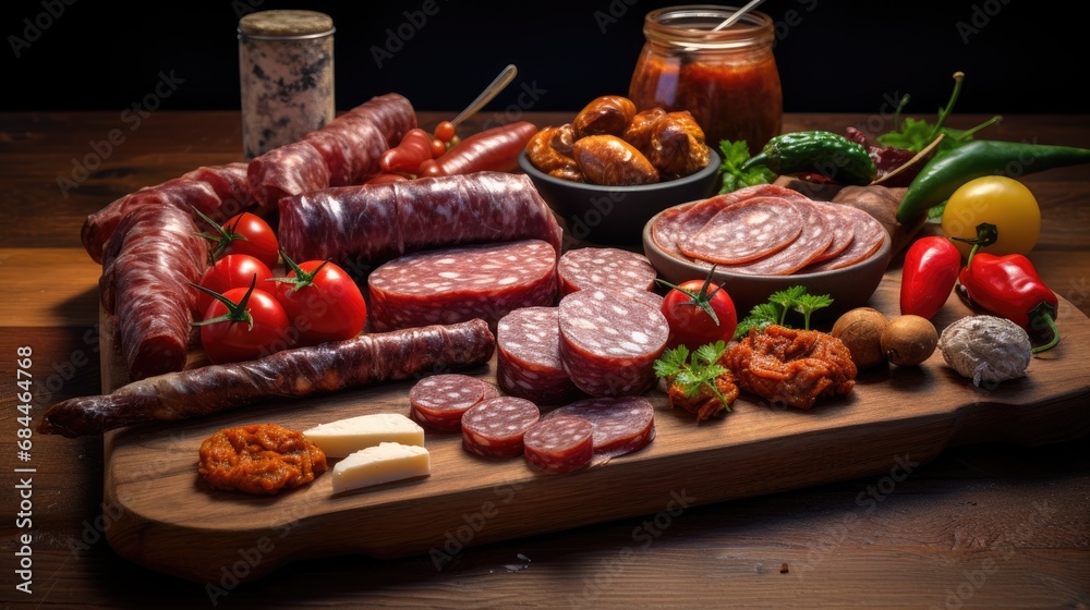 Assorted chorizo sausages on a wooden cutting board.