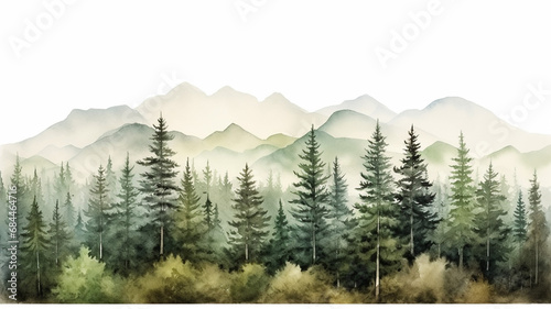 Mountain and pine trees landscape hand drawn watercolor