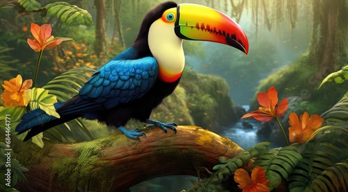 Beautiful colorful toucan bird on a branch in a rainforest. Generative AI