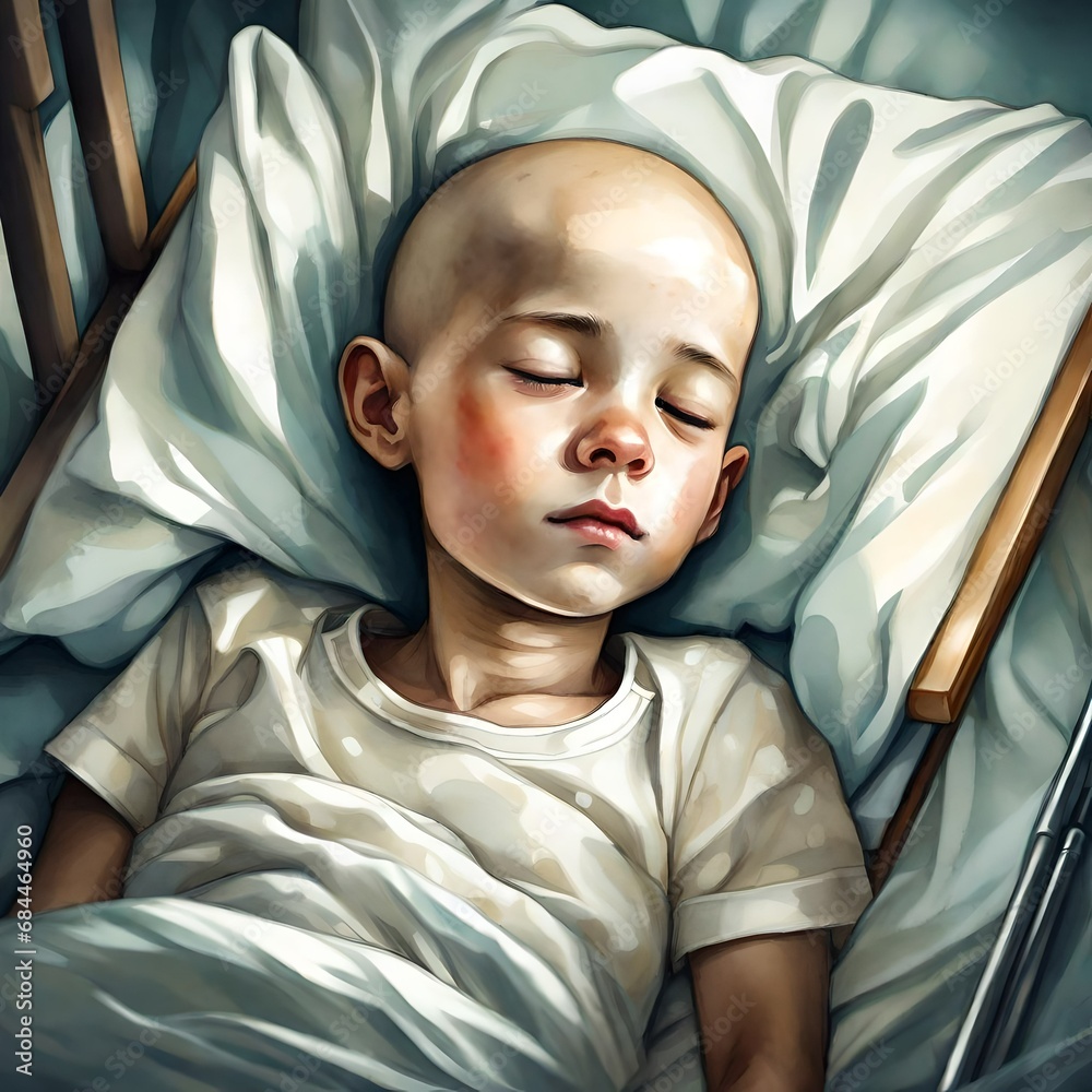 A cute young bald skinny boy suffering with cancer, sadness in his eyes and face. He is laying in a hospital bed. A cute young bald skinny boy suffering with cancer, sadness in his eyes and face. He is laying in a hospital bed.