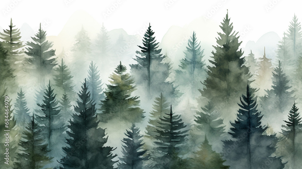 Seamless pattern of watercolor spruce forest pine