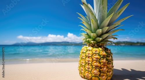 A pineapple on a sandy beach with the ocean in the background.