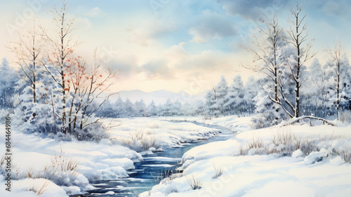 Snowy winter landscape Watercolor illustration