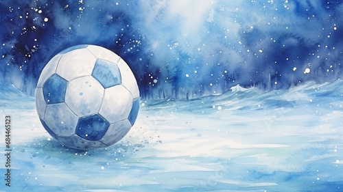 Watercolor drawing of winter sky landscape with fall football ball © BornHappy