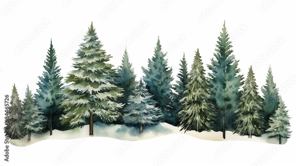 Watercolor winter forest Christmas tree landscape xmas