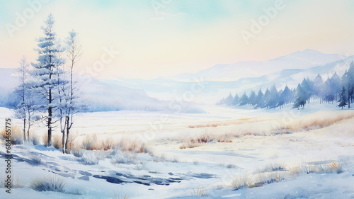 Watercolor winter landscape with hills and trees panorama © BornHappy