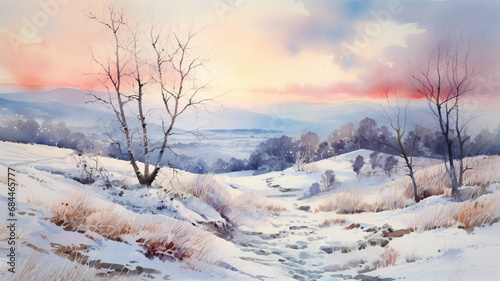 Watercolor winter landscape with hills and trees texture