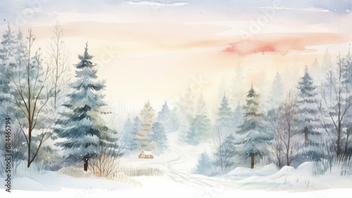 Watercolor Winter Landscape Vintage Christmas water © BornHappy