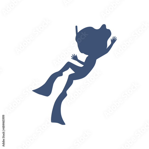 Girl in diving mask, snorkel and flippers swimming silhouette isolated on white, snorkeler kid vector illustration