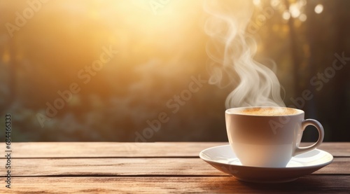 A steaming cup of coffee on a wooden table, bathed in sunlight, creating a warm and inviting atmosphere. Generative AI.