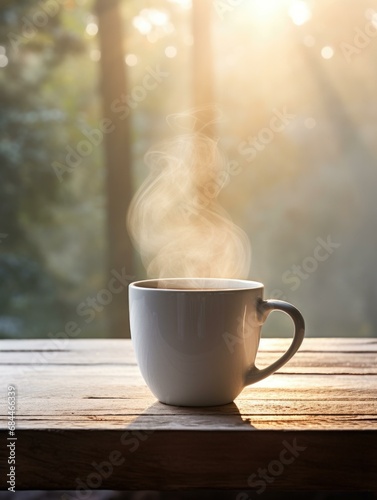 A white coffee mug with steam on a wooden table, bathed in sunlight at sunrise. Generative AI.