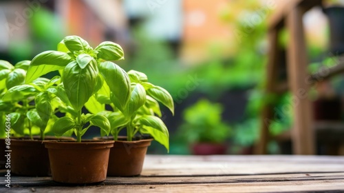 A vibrant display of fresh basil plants in pots on a rustic wooden table. Generative AI.