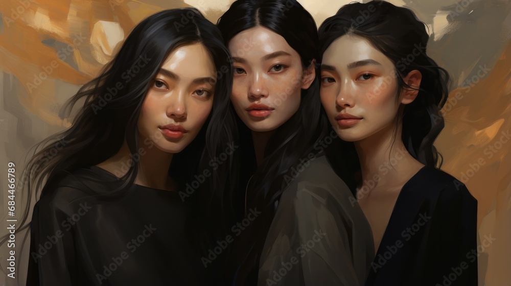 A painting of three women with long black hair. Generative AI. A painting of three women with long black hair. Generative AI.