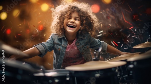 A young girl is playing the drums in a music studio. Generative AI.