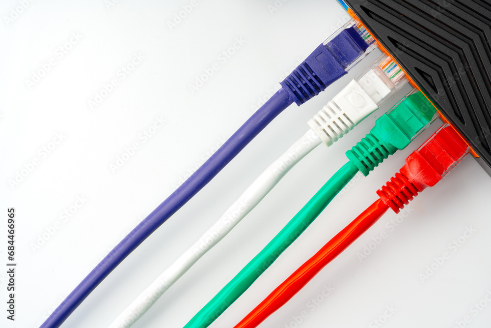 Modern router with cables plugged in close up Modern router with cables plugged in close up