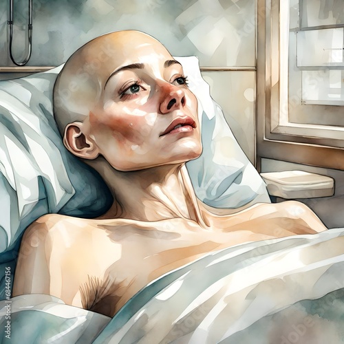 A beautiful young bald skinny girl woman suffering with cancer, sadness in her eyes and face. She is laying in a hospital bed.