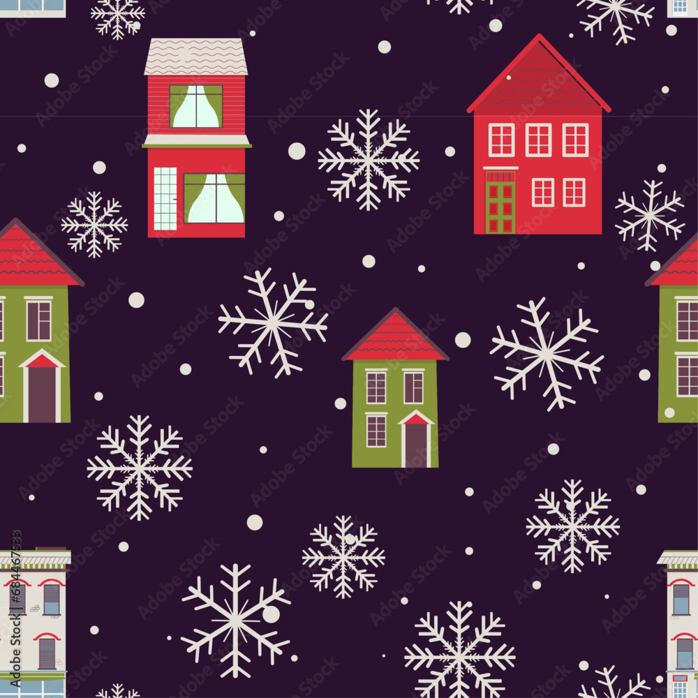 Seamless pattern with winter houses and snowflakes