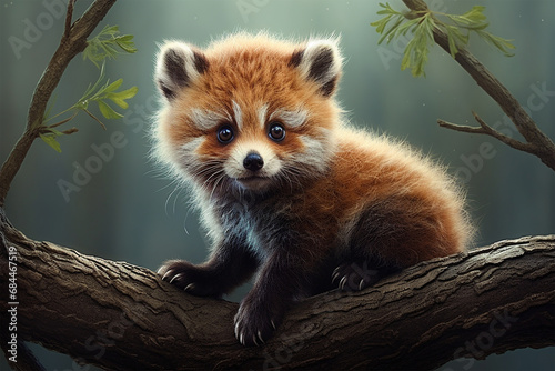 A charming baby red panda perches on a tree branch photo