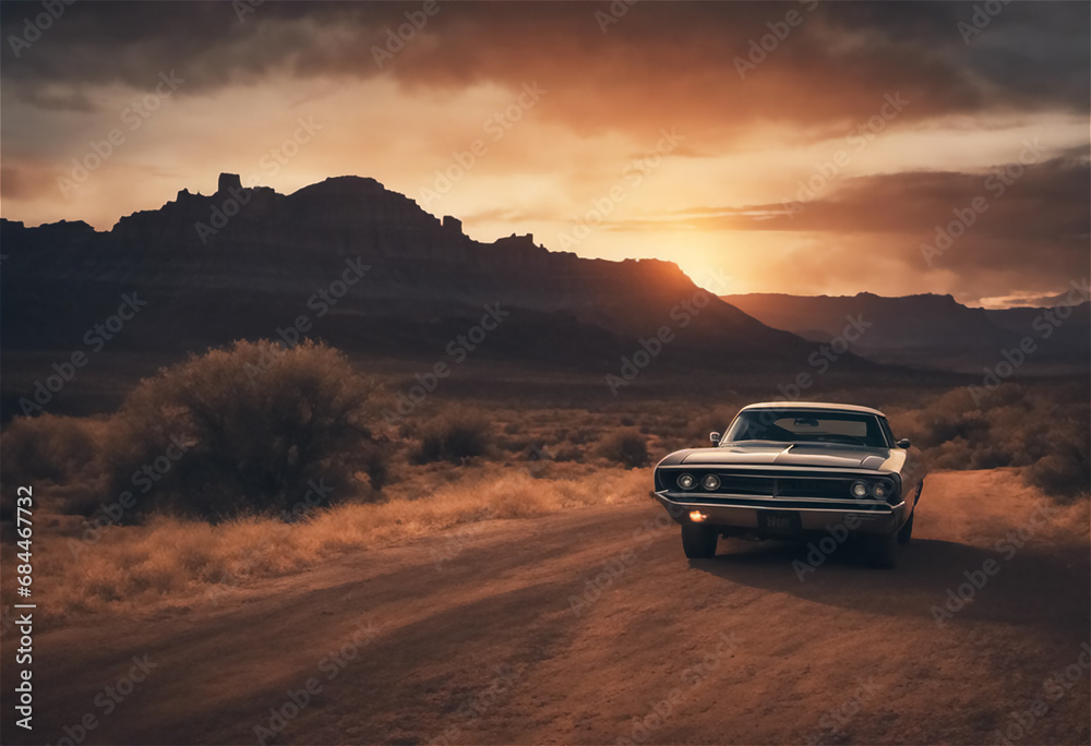 AI Generative illustration digital art of a vintage car in a desert setting