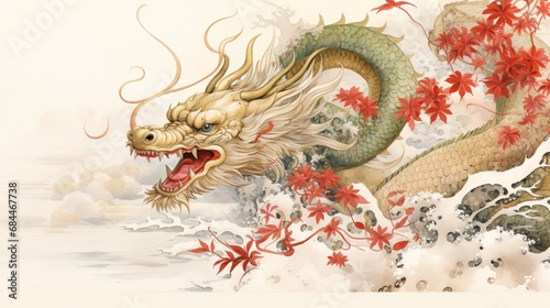 An artistic representation of a dragon in Japanese style, complemented by brush writing, gold leaf details, and a watercolor plant motif