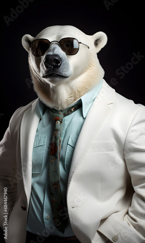 portrait of polar bear dressed in trendy summer clothes. confident stylish fashion portrait of an anthropomorphic animal, posing with a charismatic human attitude