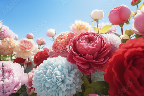 Blooming Roses, Peonies, and Hydrangeas Flowers with a Blue Sky Background, Spring Summer concept. Generative AI