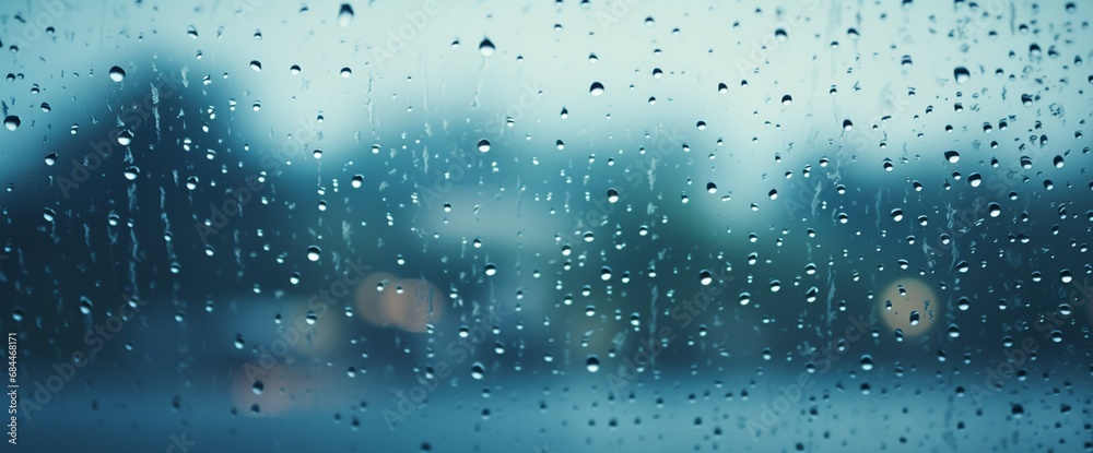 blue raindrops on a window pane, with a blurred blue landscape in the background. blue raindrops on a window pane, with a blurred blue landscape in the background.