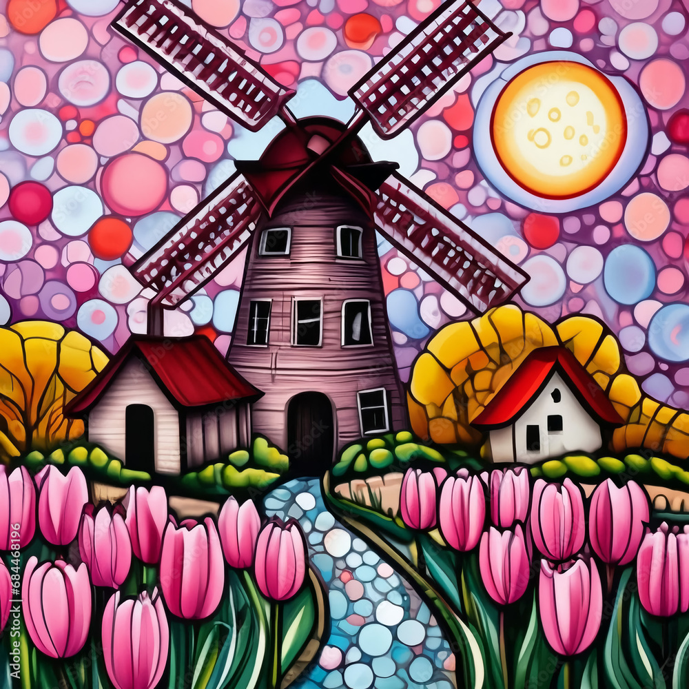 windmill and tulips