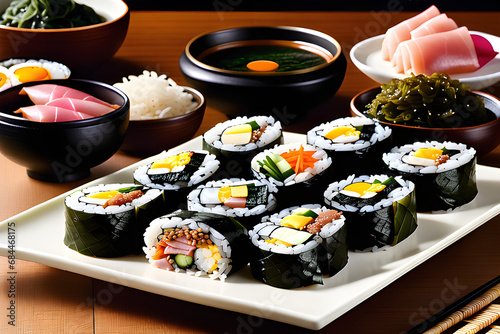 Kimbap is Korea's representative food. kimbap is a food that is eaten by placing rice on top of seaweed and adding various vegetables on top. Generative AI.