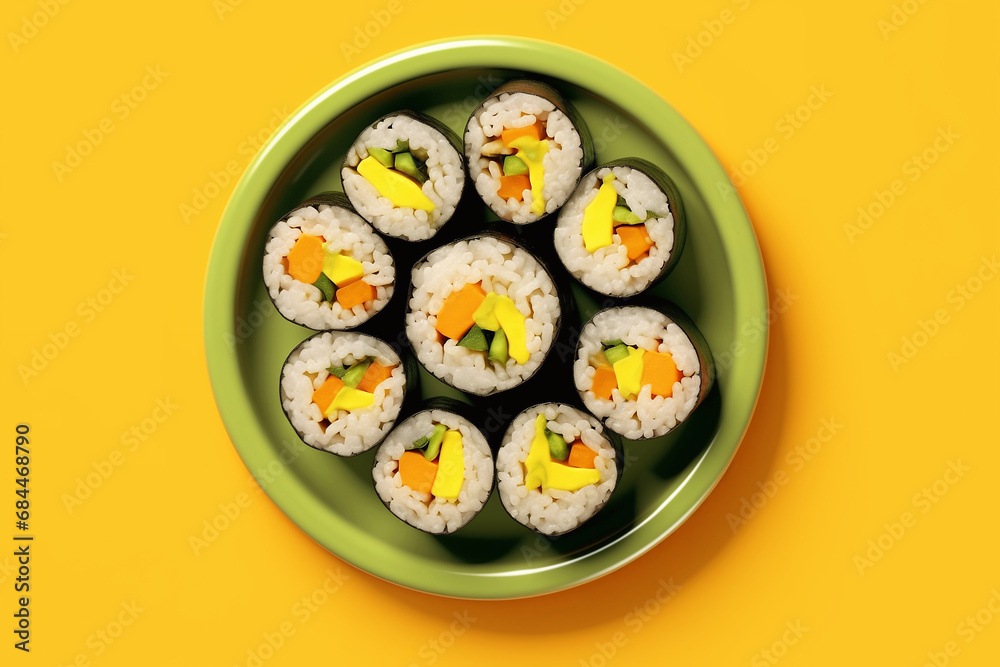 Rolls of Korean kimbap on yellow background, top view. Rolls of Korean kimbap on yellow background, top view.