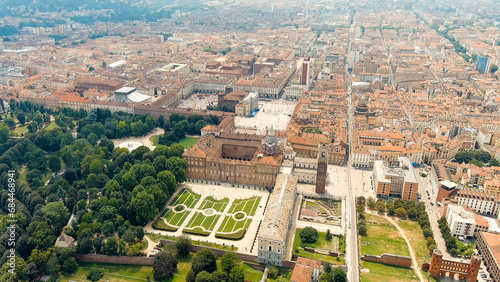 Turin, Italy. Complex of buildings of the Royal Palace in Turin. Panorama of the historical city center. Summer day, Aerial View